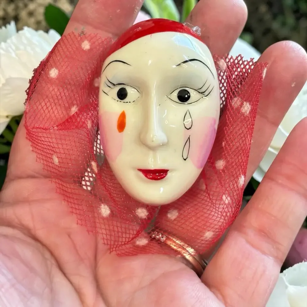 Vintage Pierrot Clown Face Brooch Red Flocked Veil Art Mask Harlequin